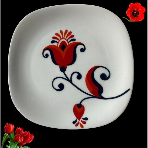 VTG 70s Block Langenthal Transition Bread Plates 6 piece Red Floral Pop Art - Picture 2 of 12